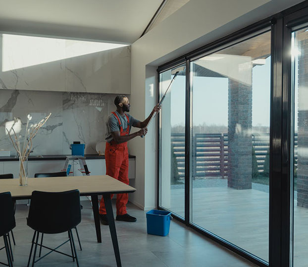 A man in red overalls cleans a large window with a squeegee, standing near a dining table in a modern, bright room.